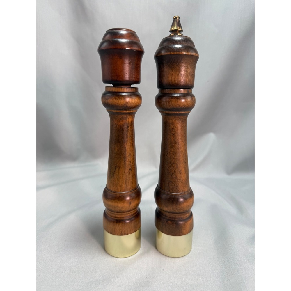 Gail Craft Salt Shaker Pepper Mill Set Wood Brass MCM Vintage Japan 10" Columns